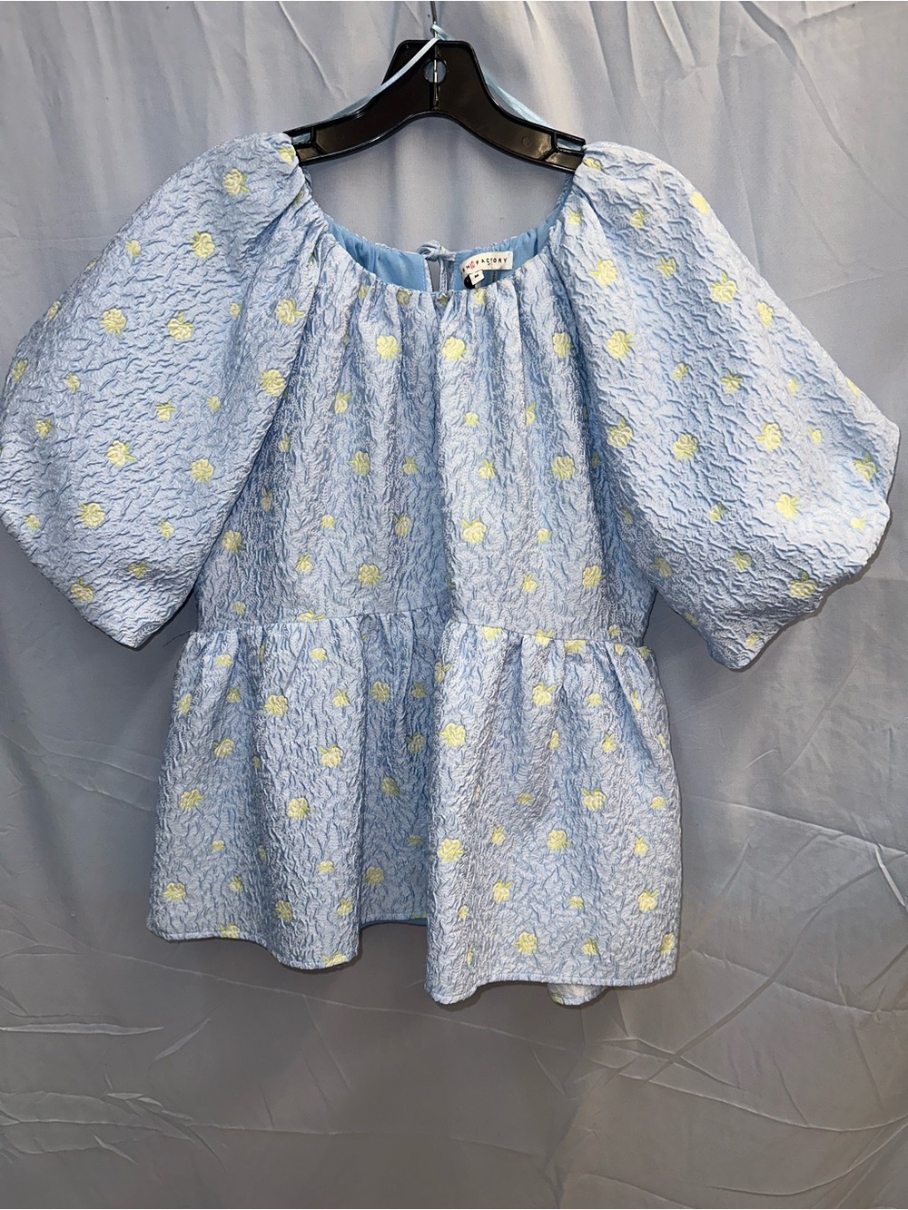 English Factory Light Blue Puff-Sleeve Floral Peplum Top